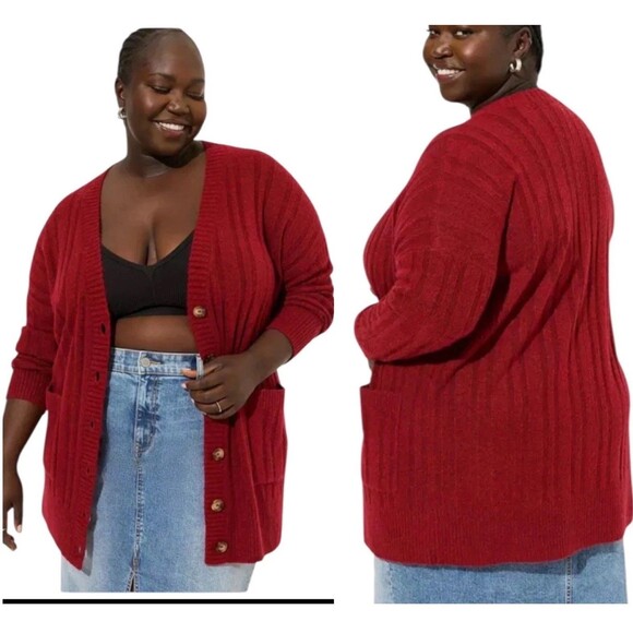 Torrid 3 Boyfriend Cardigan Sweater Rhubarb Red Vegan Cashmere Soft Cozy Pockets - Picture 3 of 16
